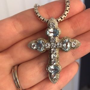 Sterling Silver Cross Necklace with Aquamarine